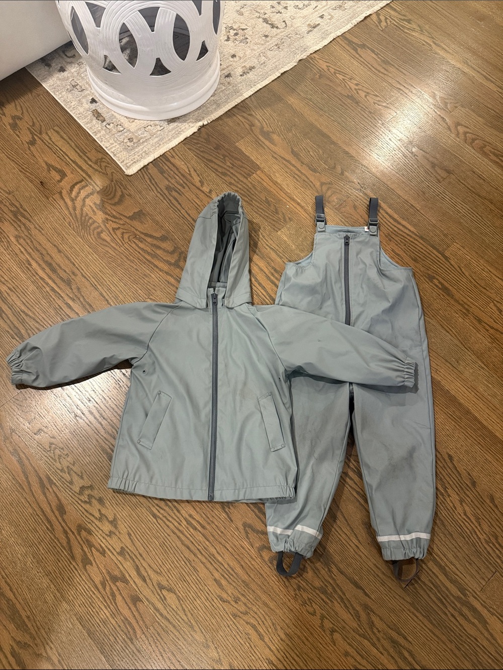 Kids Rain Hooded Jacket & Bib Overalls Set - Light Gray/Green